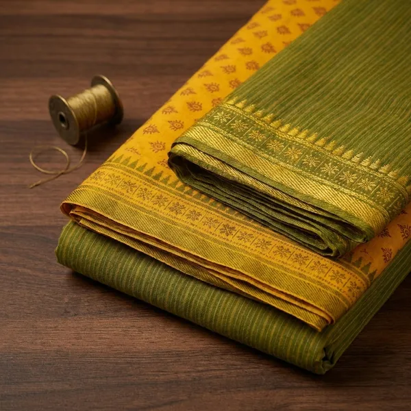 Yellow_And_Green_Printed_Puneri_Cotton_Dress_Material_For_Women