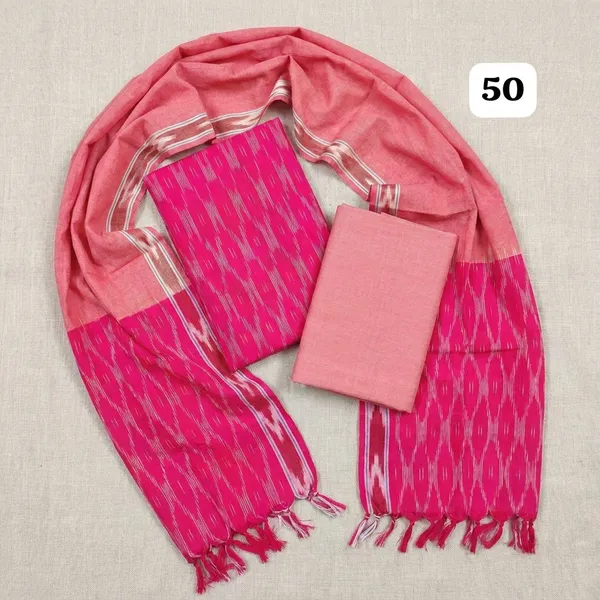 Coral_Pink_Ikkat_Handloom_Cotton_Dress_Material_With_Dupatta_For_Women
