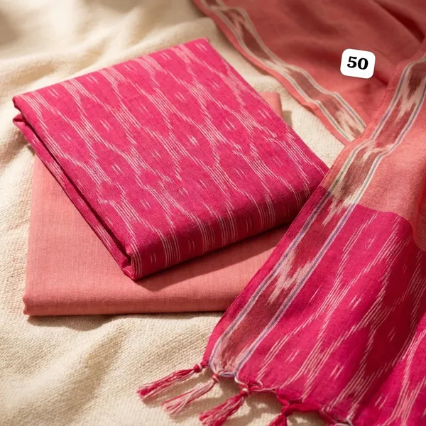 Coral_Pink_Ikkat_Handloom_Cotton_Dress_Material_With_Dupatta_For_Women