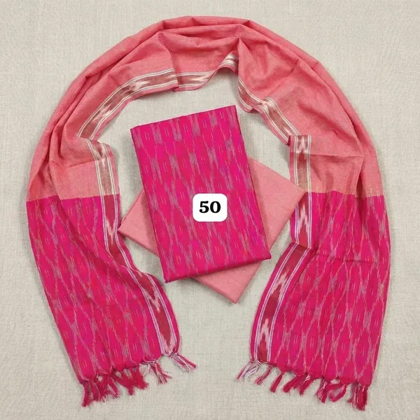 Coral_Pink_Ikkat_Handloom_Cotton_Dress_Material_With_Dupatta_For_Women