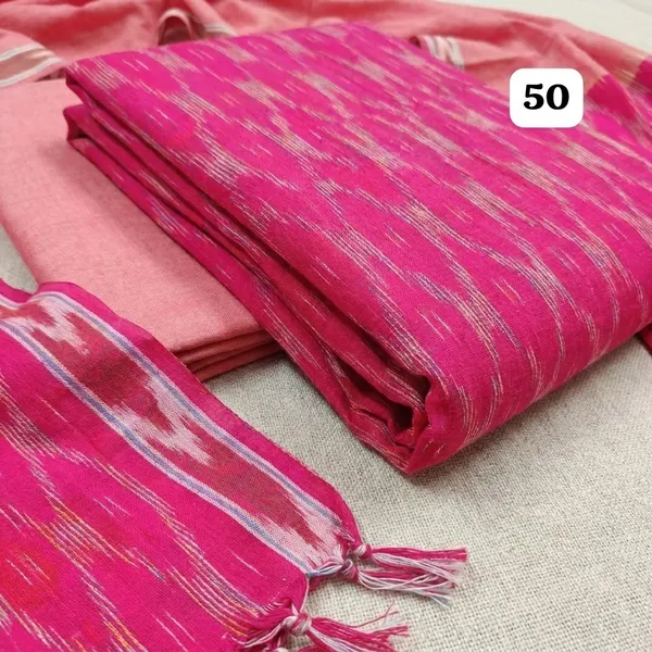 Coral_Pink_Ikkat_Handloom_Cotton_Dress_Material_With_Dupatta_For_Women