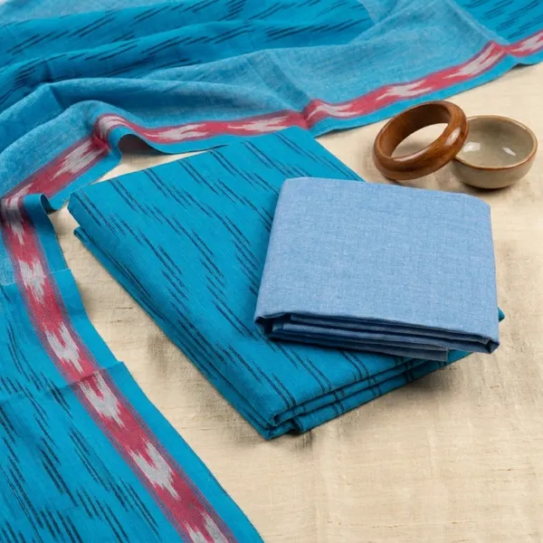 Sky_Blue_Ikkat_Handloom_Cotton_Dress_Material_With_Dupatta_For_Women