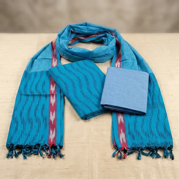 Sky_Blue_Ikkat_Handloom_Cotton_Dress_Material_With_Dupatta_For_Women