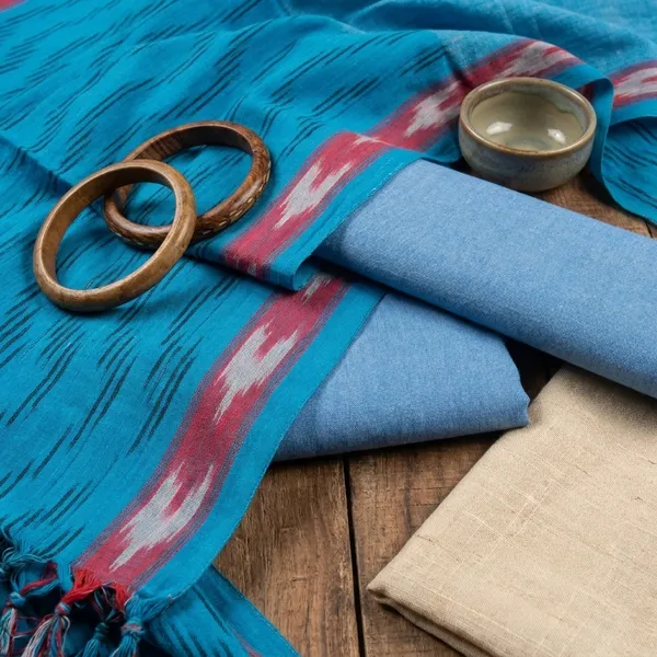 Sky_Blue_Ikkat_Handloom_Cotton_Dress_Material_With_Dupatta_For_Women