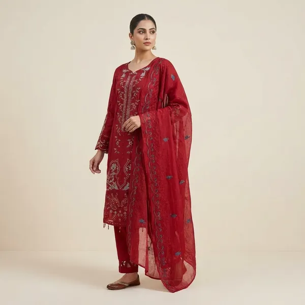 Red_Cambric_Cotton_Suit_Set_For_Women