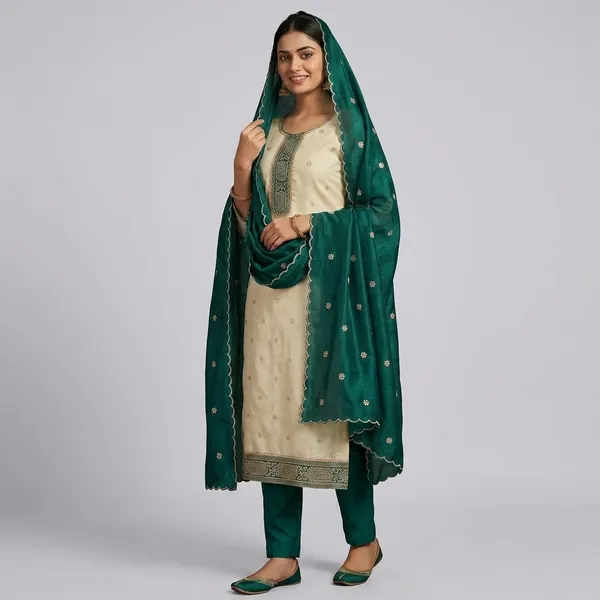 White_&_Peacock_Green_Vichitra_Silk_Suit_Set_For_Women