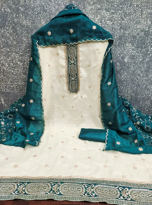 White_&_Peacock_Green_Vichitra_Silk_Suit_Set_For_Women