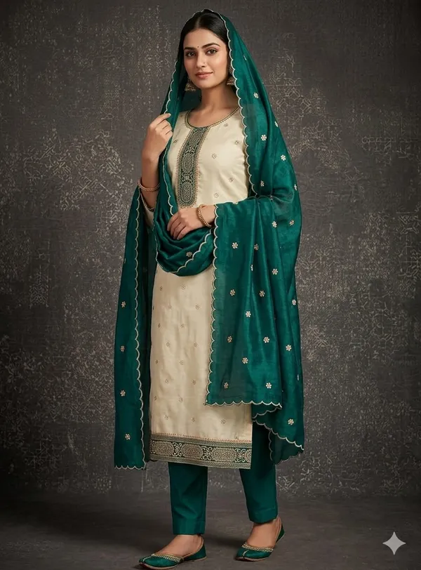 White_&_Peacock_Green_Vichitra_Silk_Suit_Set_For_Women