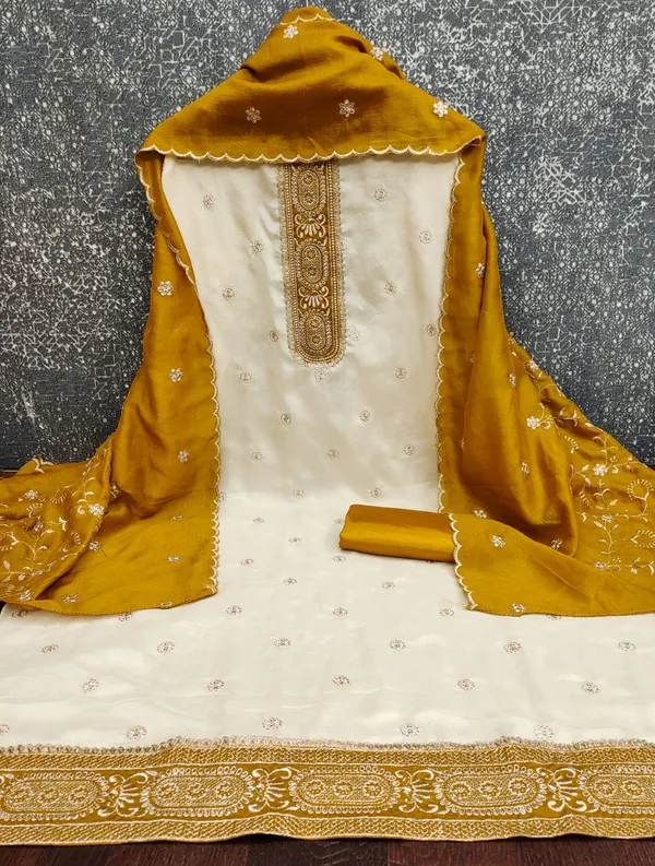 White_&_Yellow_Vichitra_Silk_Suit_Set_For_Women