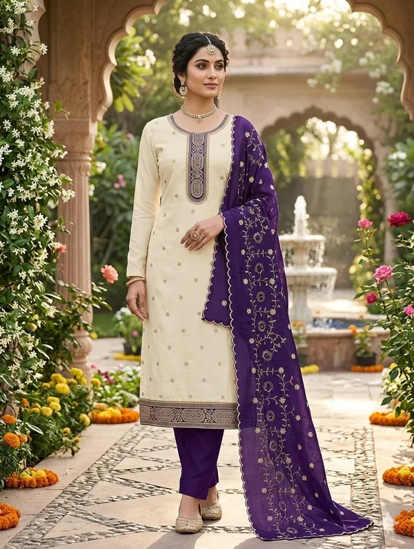White_&_Purple_Vichitra_Silk_Suit_Set_For_Women