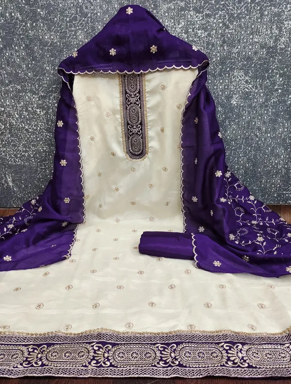 White_&_Purple_Vichitra_Silk_Suit_Set_For_Women