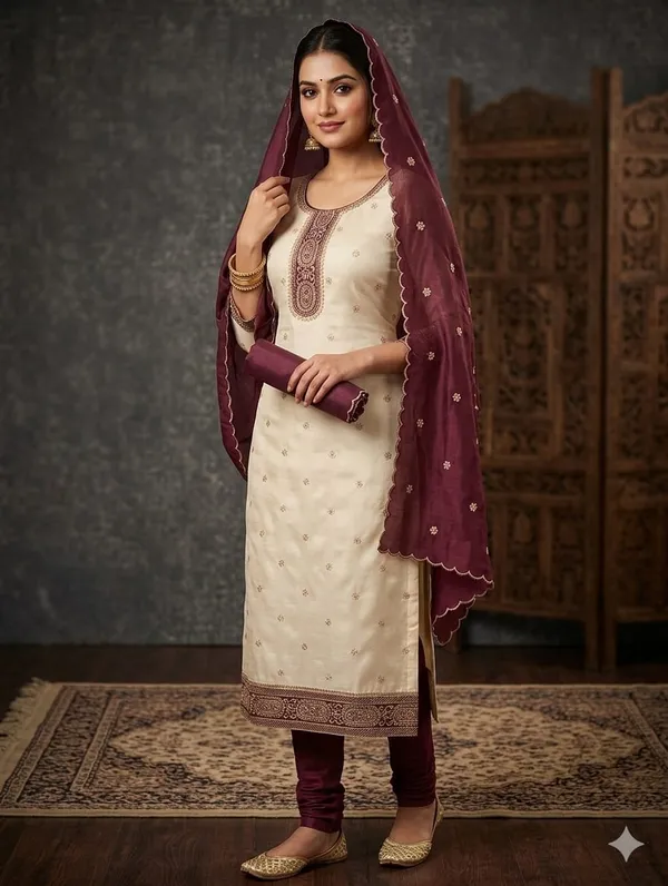 White_&_Onion_Pink_Vichitra_Silk_Suit_Set_For_Women