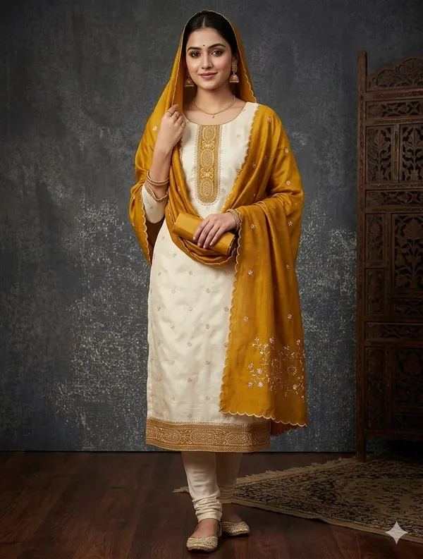 White_&_Yellow_Vichitra_Silk_Suit_Set_For_Women