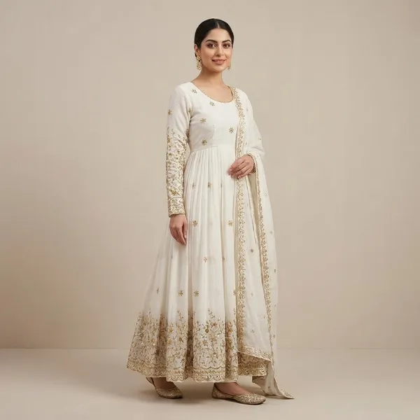White_Vichitra_Silk_Gown_Set_For_Women