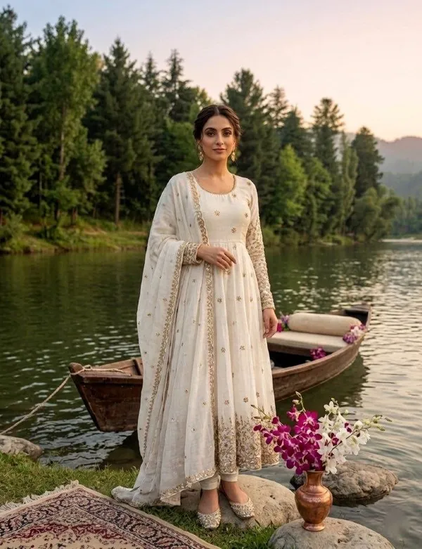 White_Vichitra_Silk_Gown_Set_For_Women
