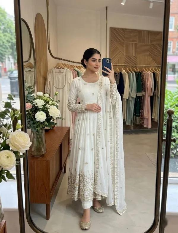 White_Vichitra_Silk_Gown_Set_For_Women