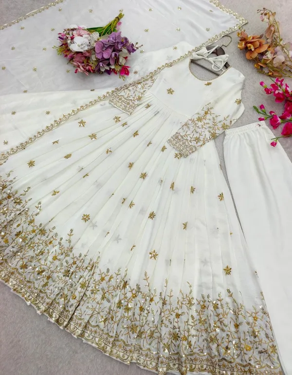 White_Vichitra_Silk_Gown_Set_For_Women