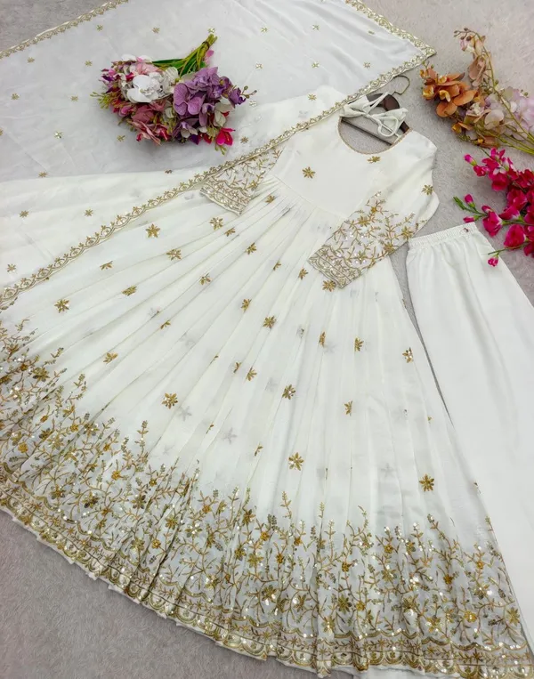 White_Vichitra_Silk_Gown_Set_For_Women