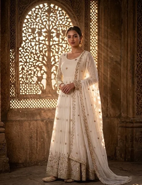 White_Vichitra_Silk_Gown_Set_For_Women