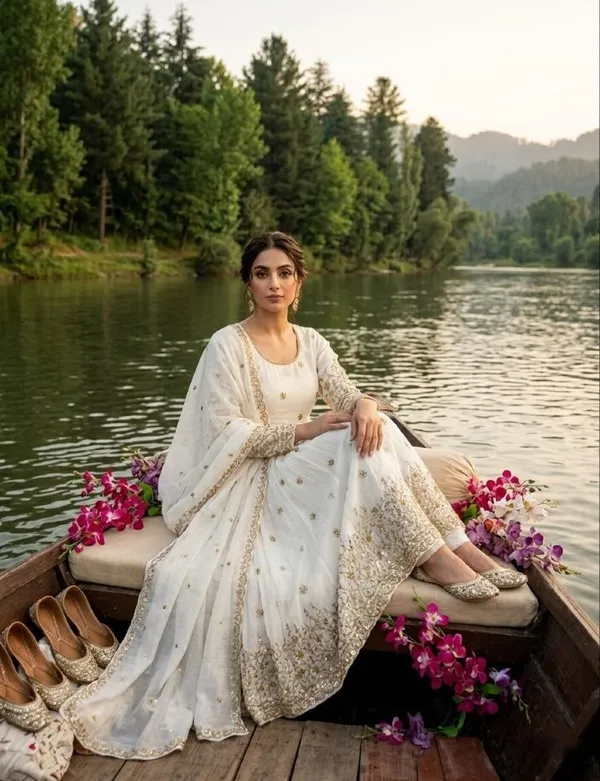 White_Vichitra_Silk_Gown_Set_For_Women