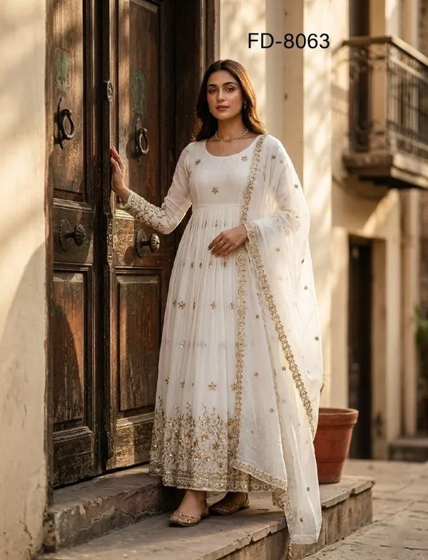 White_Vichitra_Silk_Gown_Set_For_Women