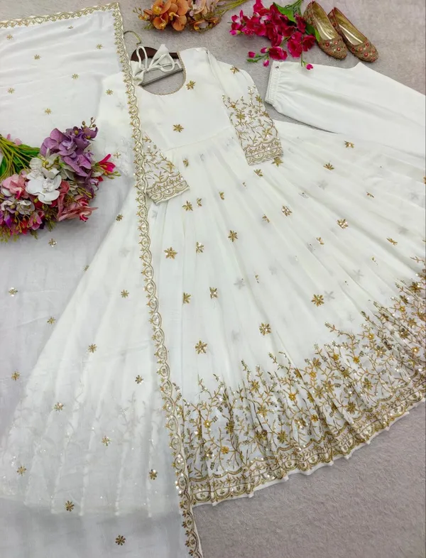 White_Vichitra_Silk_Gown_Set_For_Women