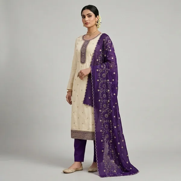 White_&_Purple_Vichitra_Silk_Suit_Set_For_Women
