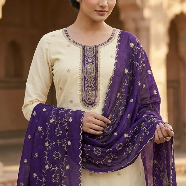 White_&_Purple_Vichitra_Silk_Suit_Set_For_Women