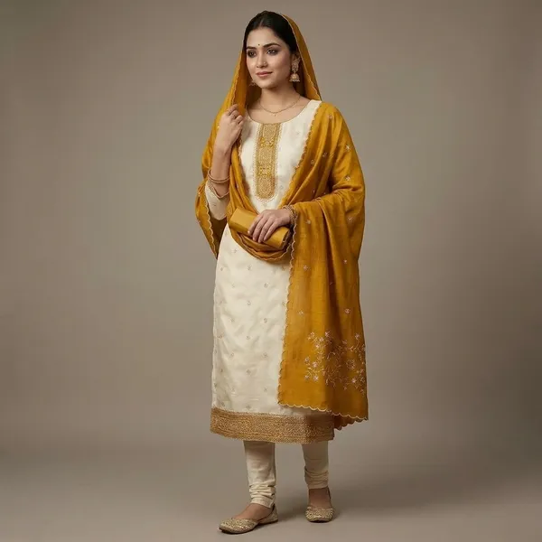 White_&_Yellow_Vichitra_Silk_Suit_Set_For_Women