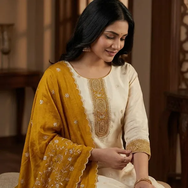 White_&_Yellow_Vichitra_Silk_Suit_Set_For_Women