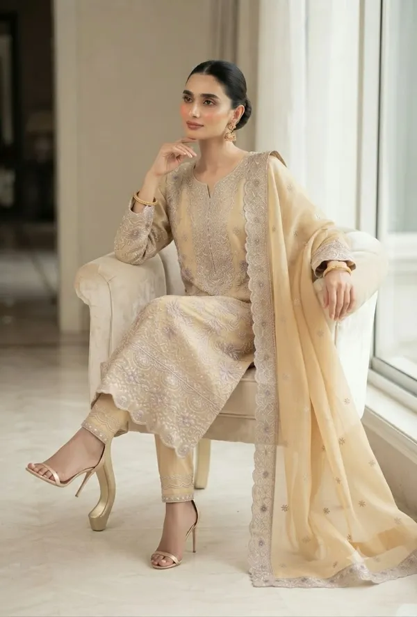 Beige_Pure_Chiffon_Straight_Embroidered_Suit_Set_For_Women