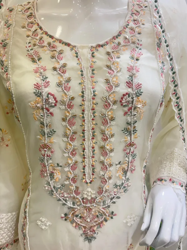 White_Cream_Organza_Embroidered_Kurta_And_Pants_With_Dupatta_For_Women