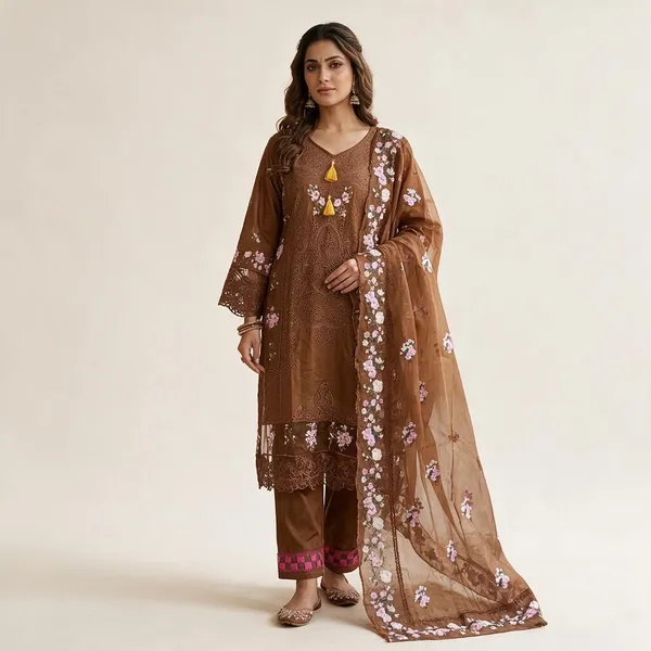 Brown_Pure_Cotton_Embroidered_Kurta_Set_With_Dupatta_For_Women