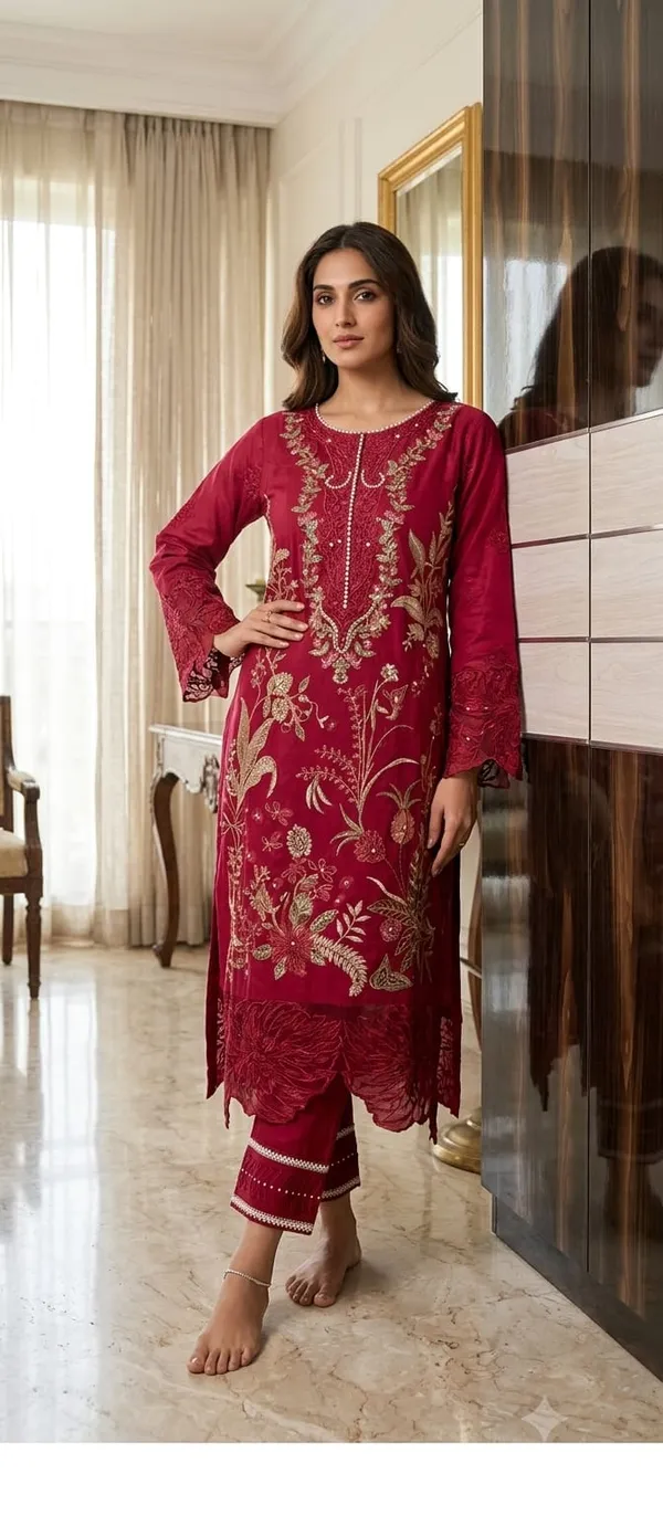 Maroon_Pure_Cotton_Straight_Embroidered_Kurta_Set_For_Women