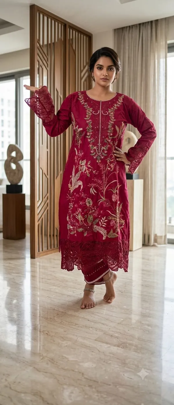 Maroon_Pure_Cotton_Straight_Embroidered_Kurta_Set_For_Women