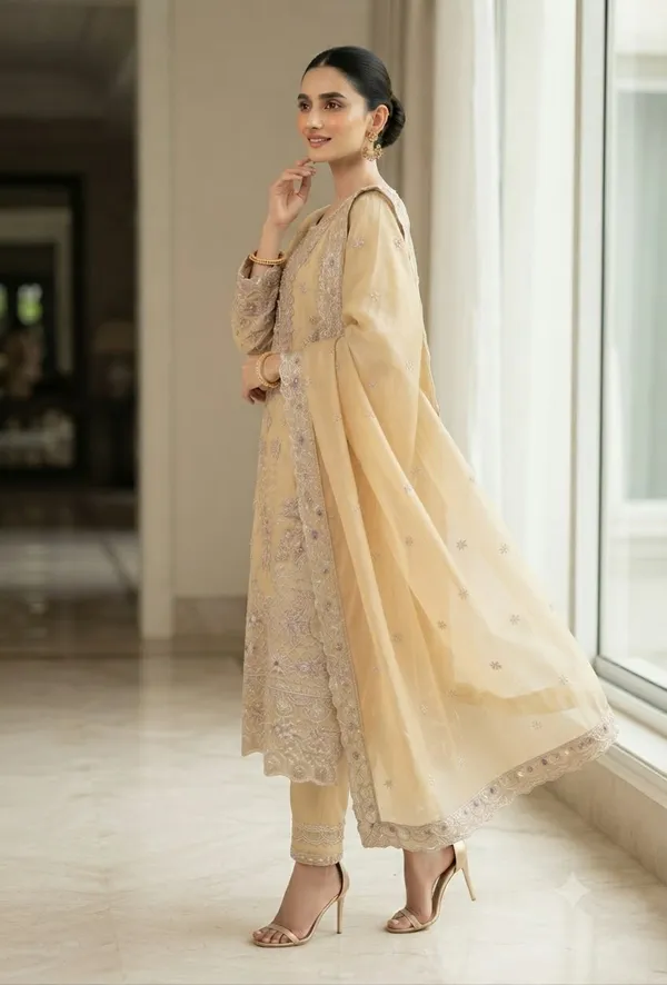 Beige_Pure_Chiffon_Straight_Embroidered_Suit_Set_For_Women