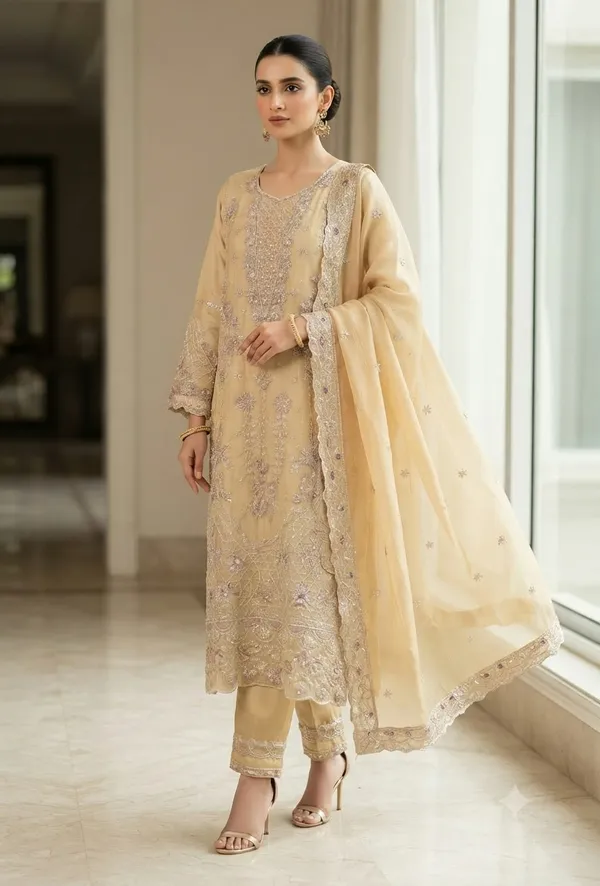 Beige_Pure_Chiffon_Straight_Embroidered_Suit_Set_For_Women