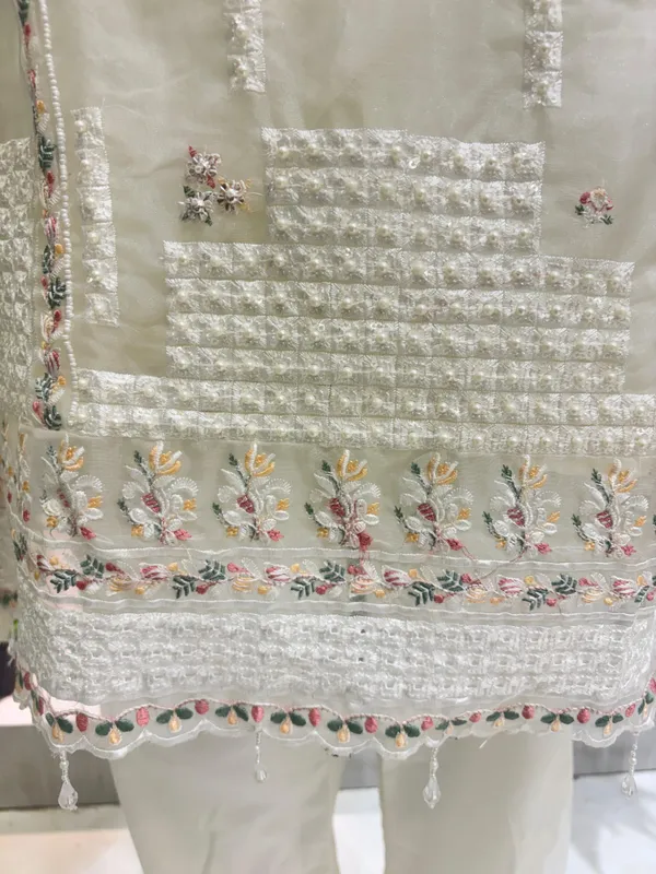 White_Cream_Organza_Embroidered_Kurta_And_Pants_With_Dupatta_For_Women