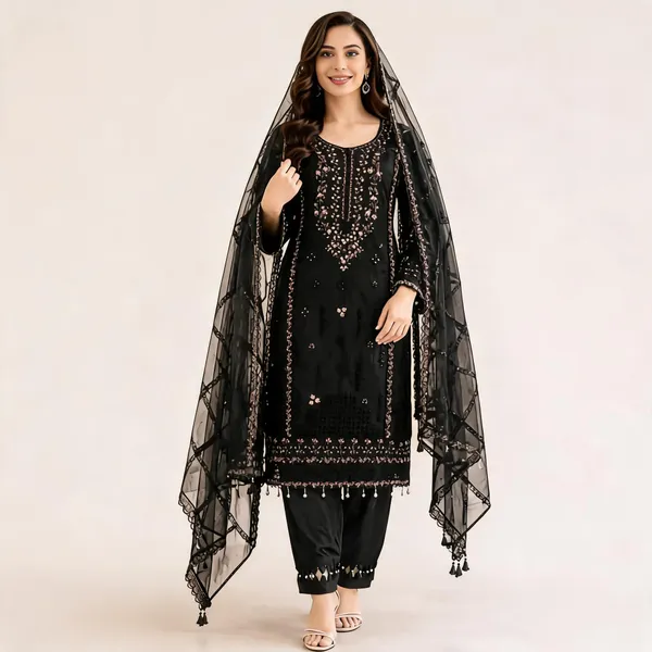 Black_Organza_Straight_Embroidered_Kurta_Set_For_Women