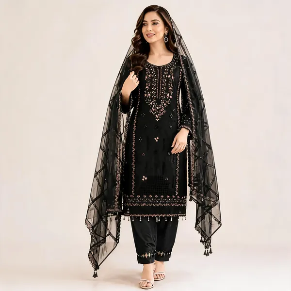 Black_Organza_Straight_Embroidered_Kurta_Set_For_Women