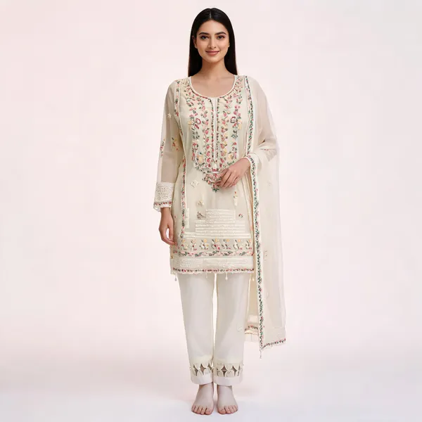 White_Cream_Organza_Embroidered_Kurta_And_Pants_With_Dupatta_For_Women