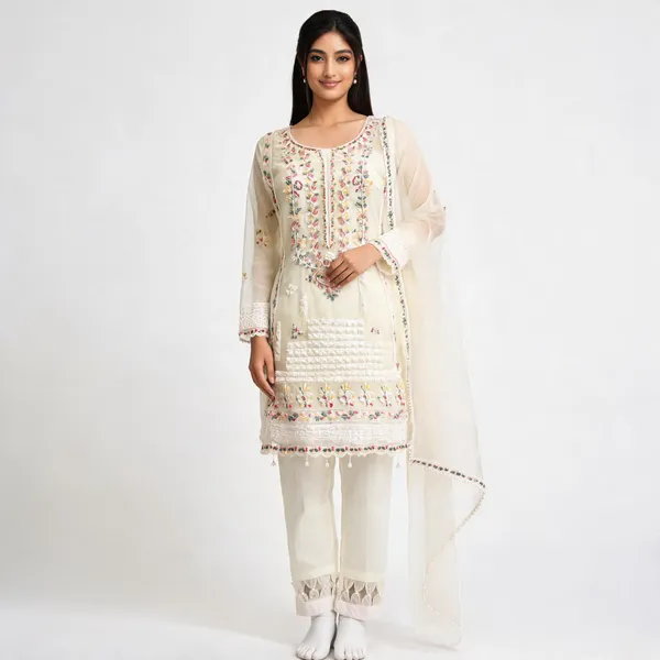 White_Cream_Organza_Embroidered_Kurta_And_Pants_With_Dupatta_For_Women