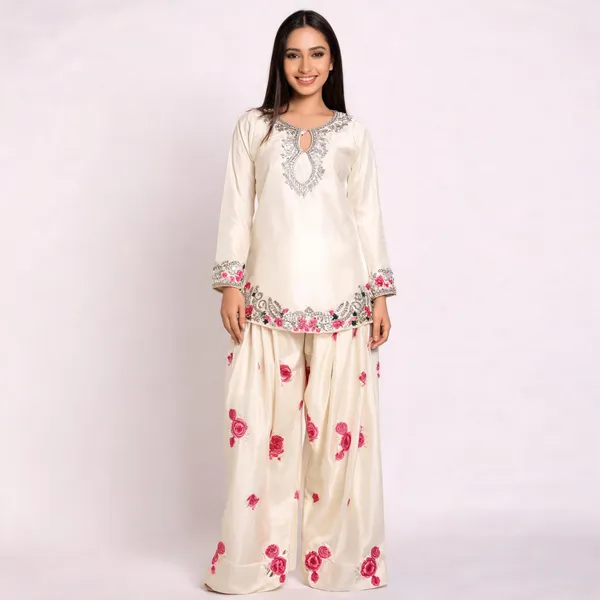 White_Polyester_Cotton_Farshi_Embroidered_Kurta_Salwar_Set_For_Women