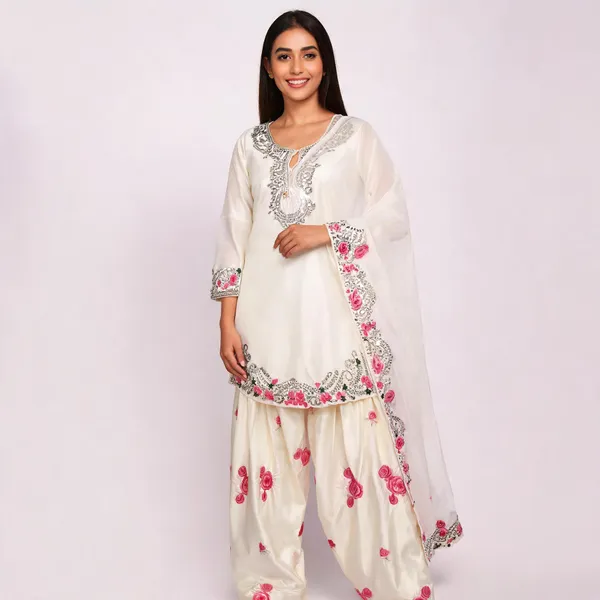 White_Polyester_Cotton_Farshi_Embroidered_Kurta_Salwar_Set_For_Women