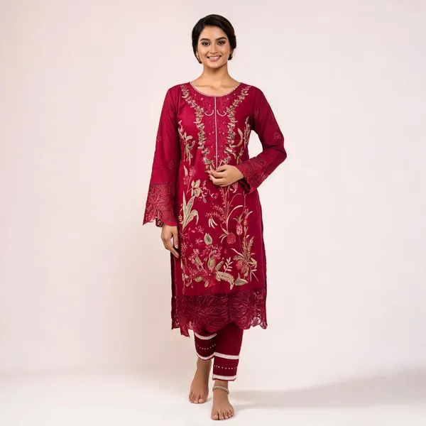Maroon_Pure_Cotton_Straight_Embroidered_Kurta_Set_For_Women