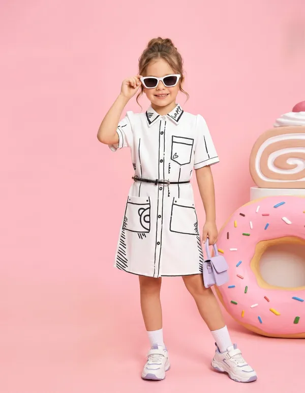 White_Outline_Design_Shirt_Dress_Girls