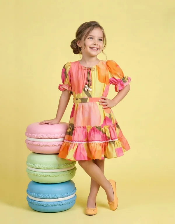 Multicolor_Checkered_Puff_Sleeve_Ruffle_Hem_Dress_Girls