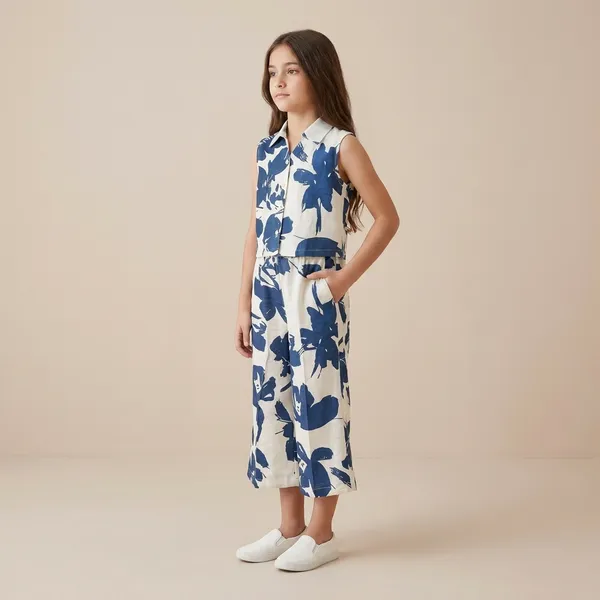 Blue_White_Floral_Print_Co_Ord_Set_With_Belt_Girls