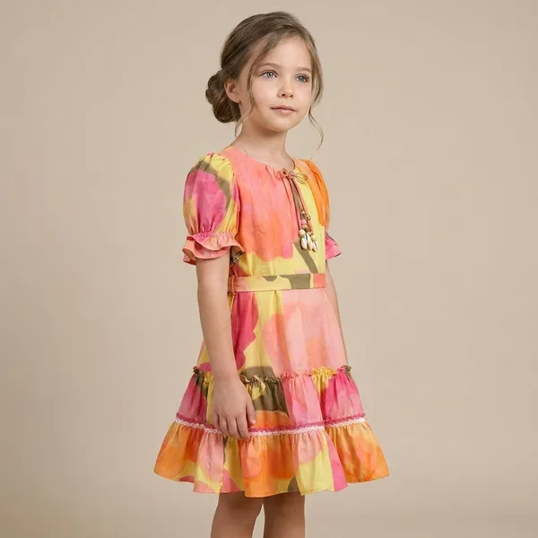 Multicolor_Checkered_Puff_Sleeve_Ruffle_Hem_Dress_Girls