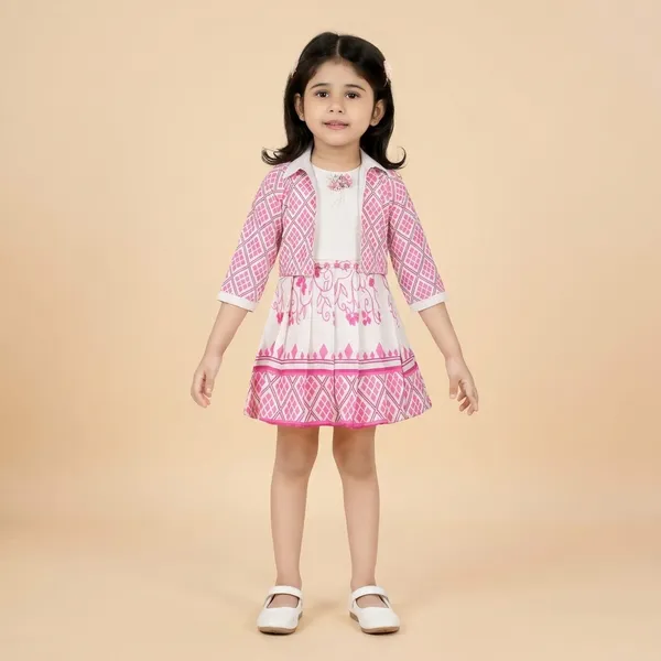 Pink_Geometric_Print_Midi_Dress_With_Shrug_Girls